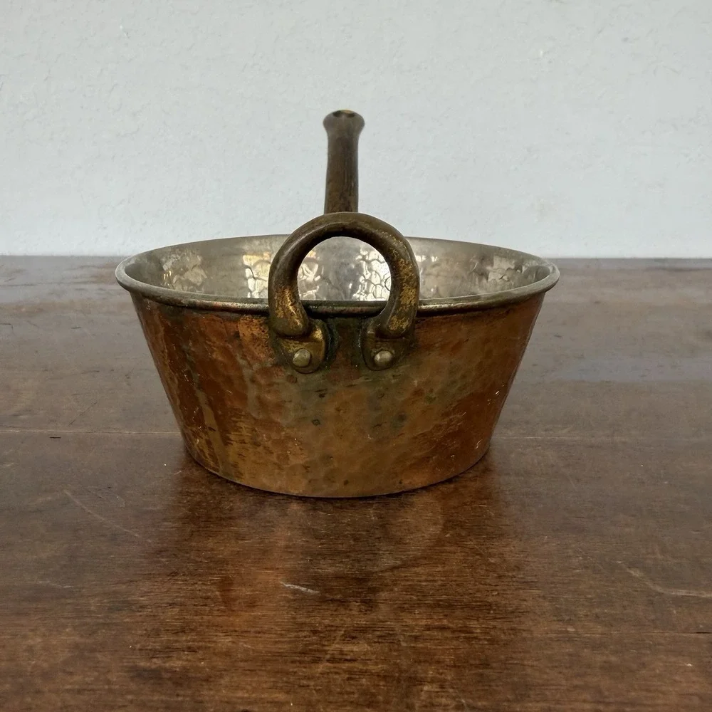HEAVY THICK FRENCH ANTIQUE COPPER And‎ BRASS SAUCEPAN HAND HAMMERED POT 5